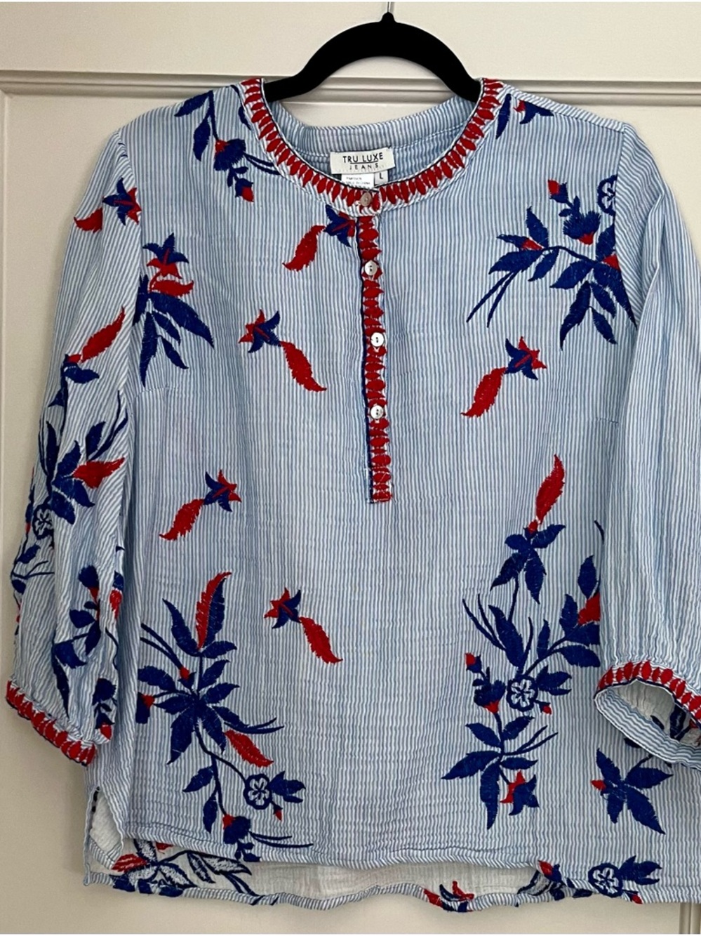 Tru Luxe Jeans Blue & Red Striped Embroidered Floral Henley Blouse